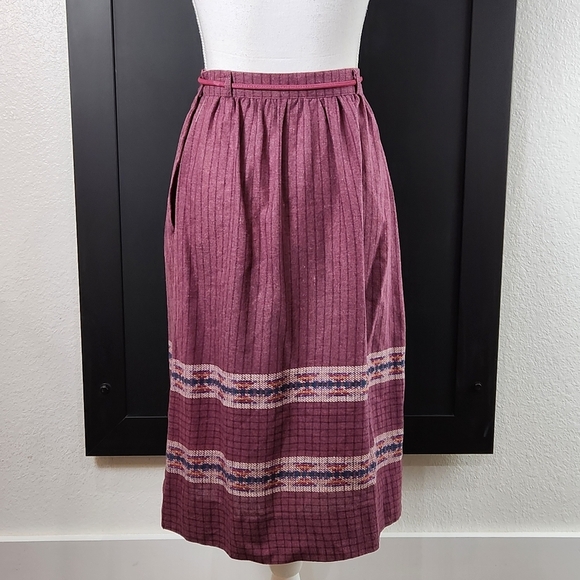 Vintage 1970s 1980s wool blend mauve pink purple stripe high waisted skirt - Picture 5 of 7